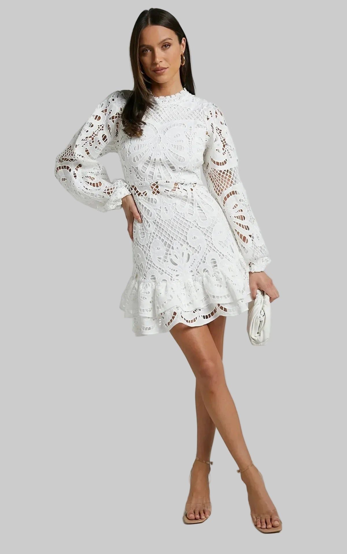 Lace Mini Dress - Long Sleeve, Ruffle Hem, Various Colors