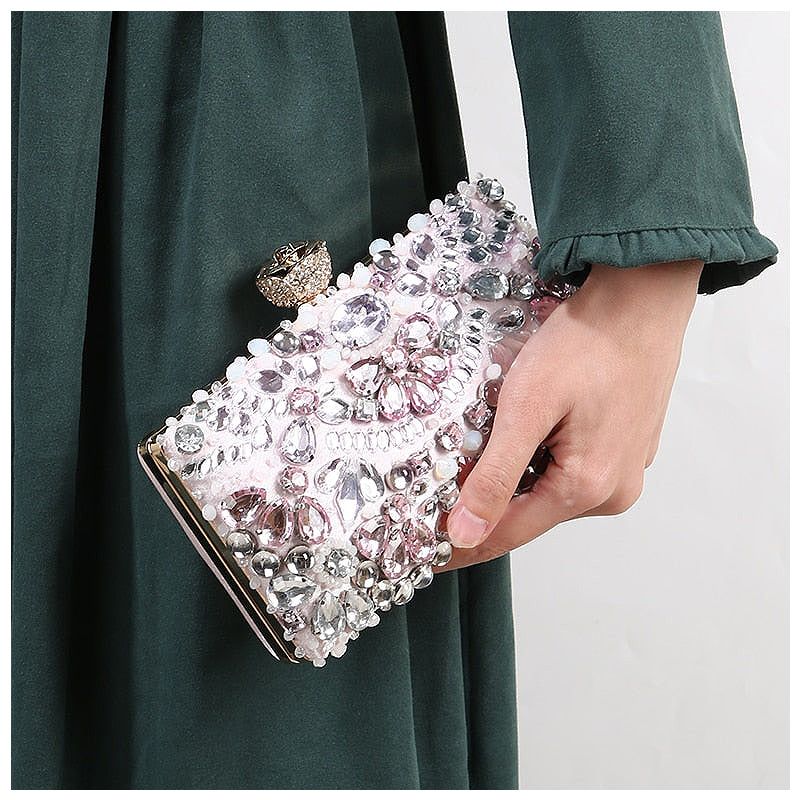 Crystal Embellished Evening Clutch Bag Pink Rhinestone Party Purse Handbag