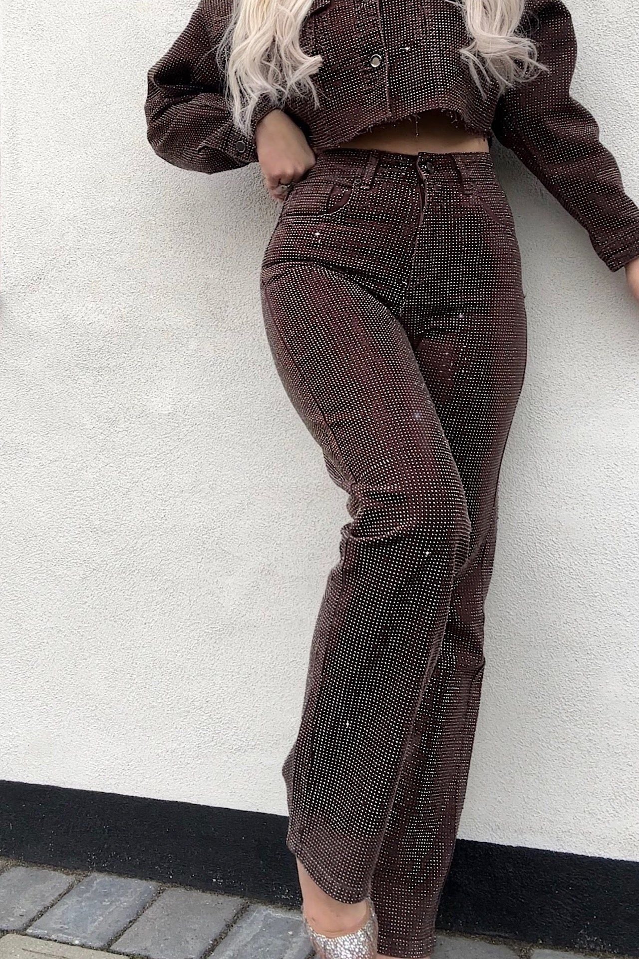 Brown Rhinestone High Waist Flare Jeans for Women - Embellished Denim Pants