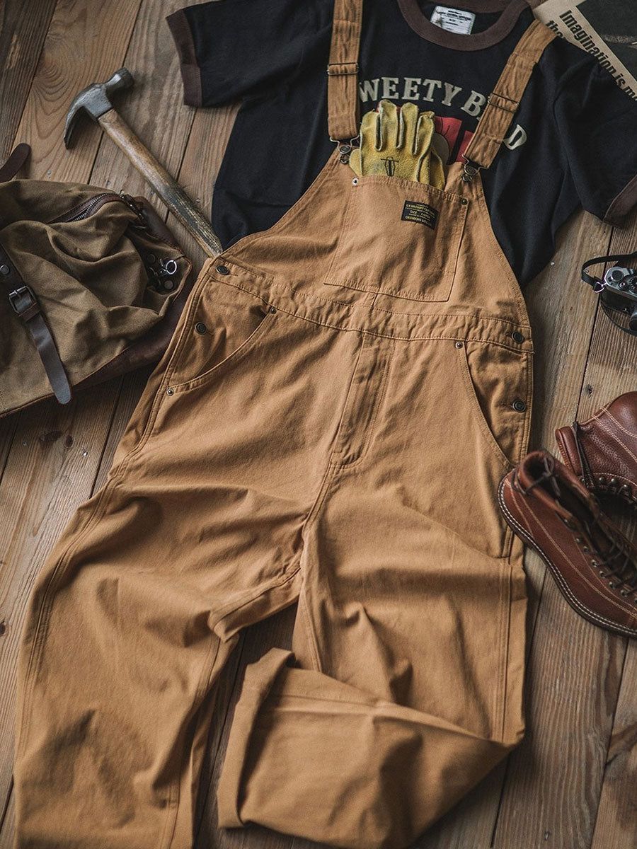 Men's Cotton Overalls Vintage Workwear Style - Tan, Olive, Beige - Adjustable Straps, Multiple Pockets