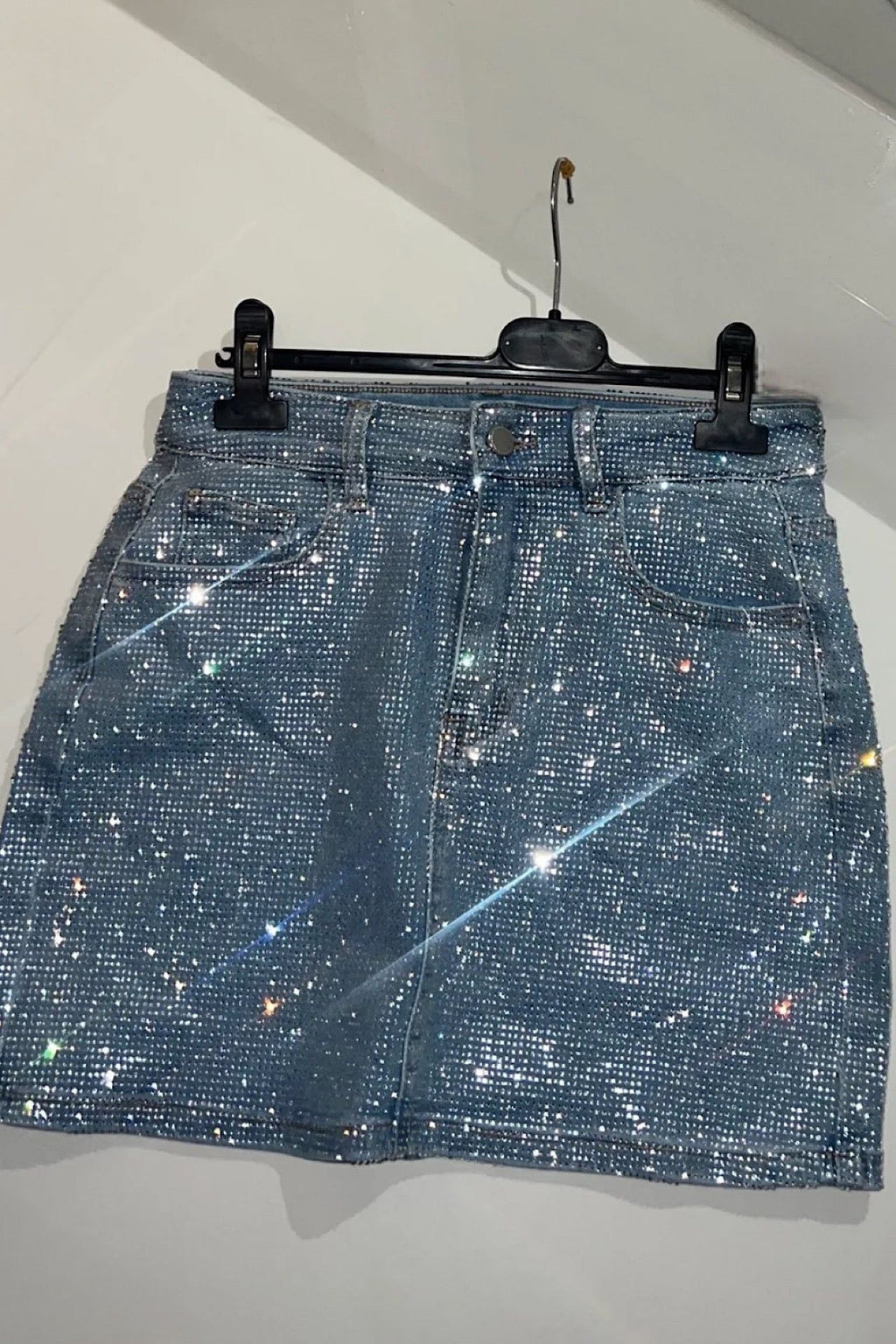 Sparkly Denim Mini Skirt with Rhinestones - Women's Fashion, Light Blue