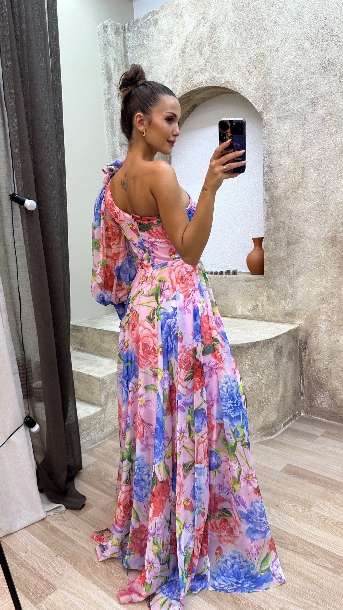 Floral Maxi Dress - One Shoulder High Slit Evening Gown - Women's Formal Dress
