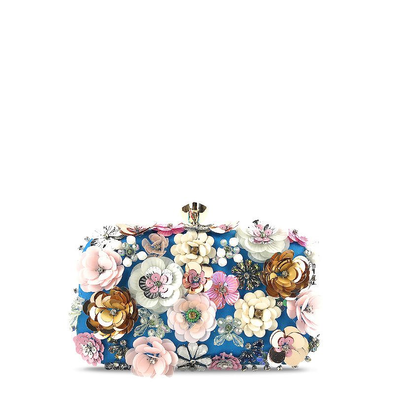 Floral Beaded Clutch Evening Bag - Women's Formal Party Handbag with Chain Strap - Beige