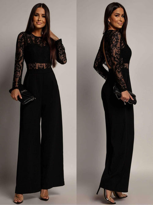 Black Lace Jumpsuit Long Sleeve Open Back Wide Leg Elegant Women's Jumpsuit