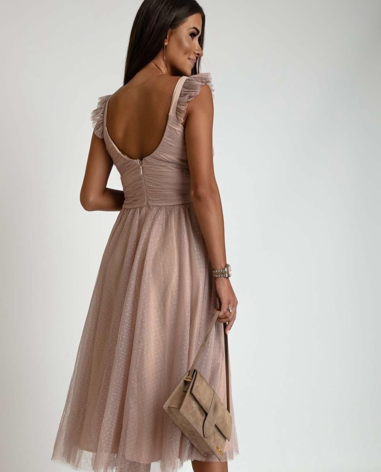 Ruffled Sleeve Midi Dress - Elegant Formal Party Dress - Pink Tulle - Women's Occasion Dress