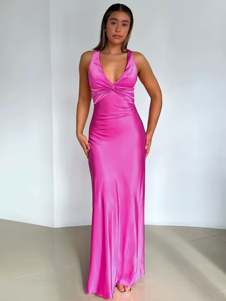 Satin Maxi Dress Open Back with Bow - Women's Formal Evening Gown