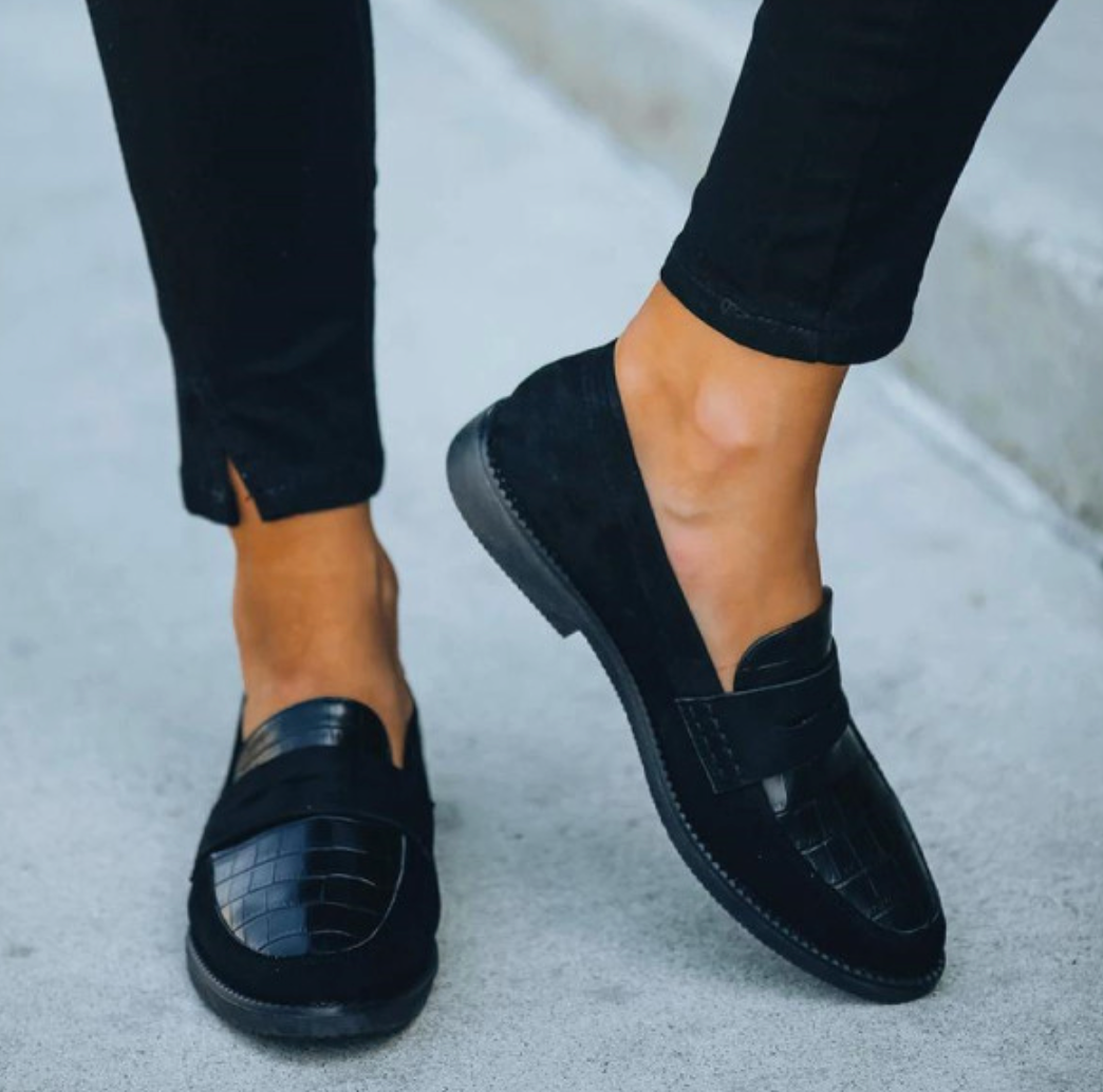 Women's Black Leather Loafers - Croc Pattern, Comfortable Fit