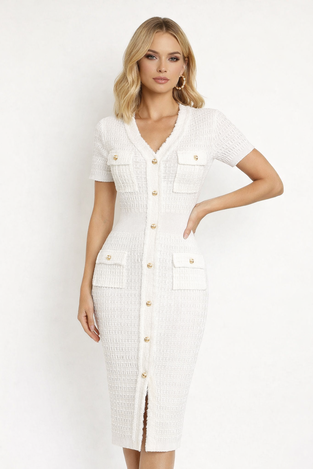 Jesolice Ivory Tweed Button-Front Midi Dress with Fringe Trim