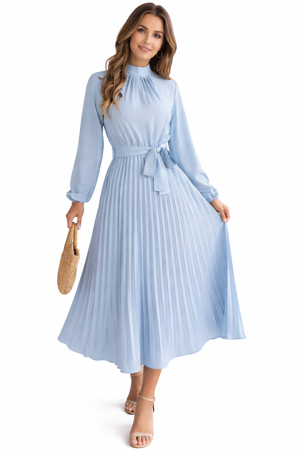 Jesolice Skyline Grace Pleated Belted Midi Dress (Light Blue)