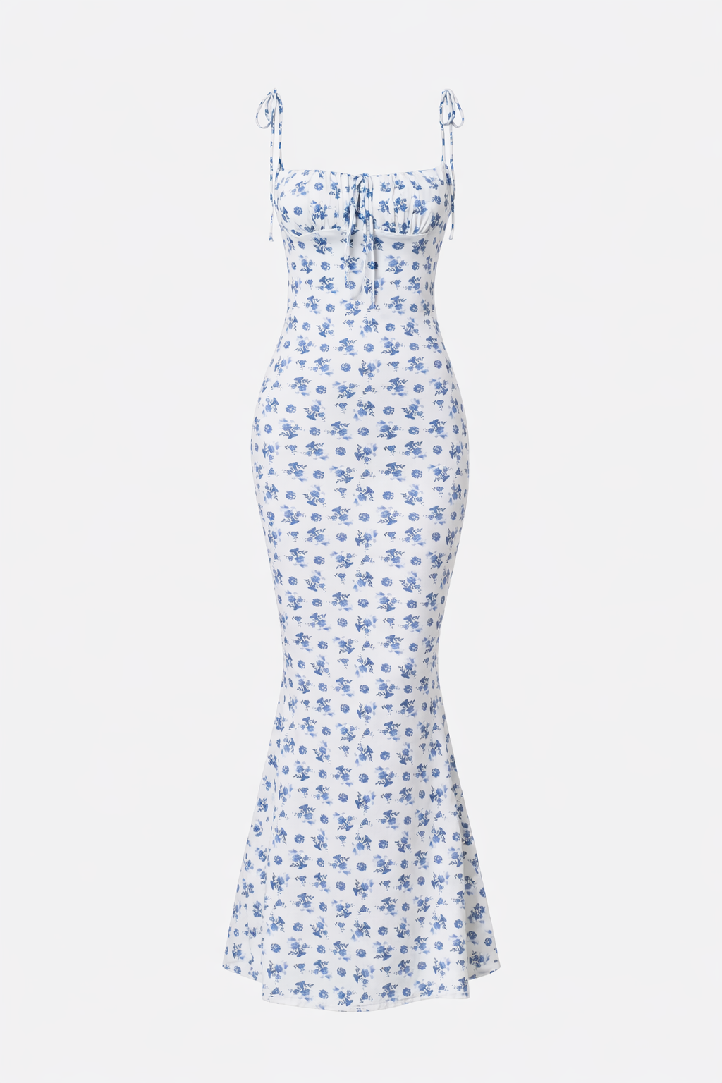 Tie-Shoulder Blue Floral Fishtail Maxi Dress