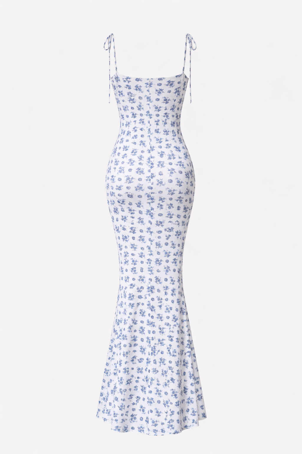 Tie-Shoulder Blue Floral Fishtail Maxi Dress