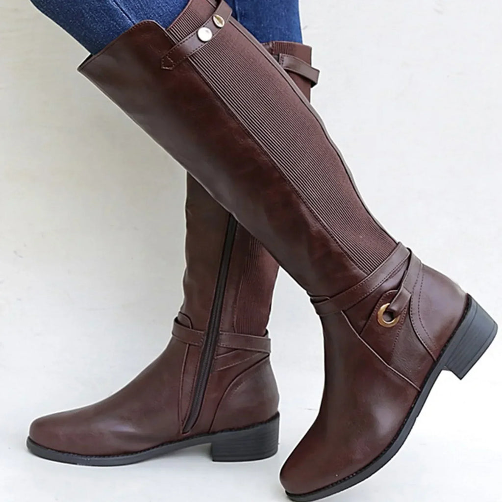 Women's Knee-High Leather Riding Boots - Black & Brown, Comfortable Fit