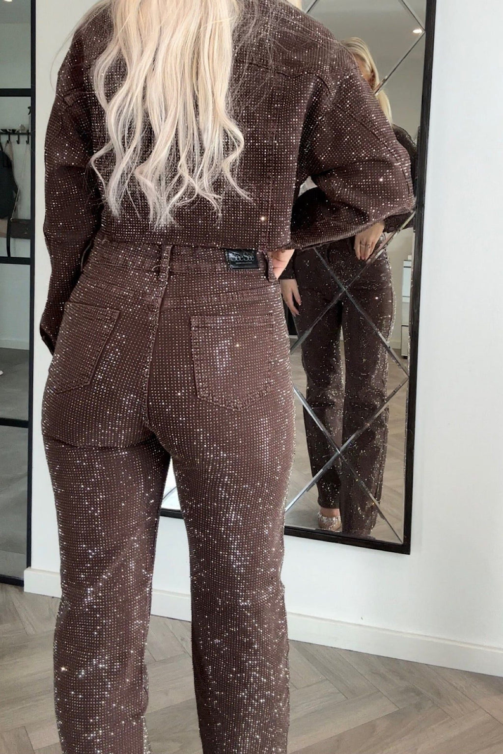 Brown Rhinestone High Waist Flare Jeans for Women - Embellished Denim Pants