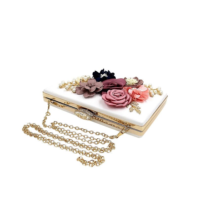 Floral Clutch Bag - White Evening Purse with Chain Strap, Fabric Flowers & Pearl Embellishments