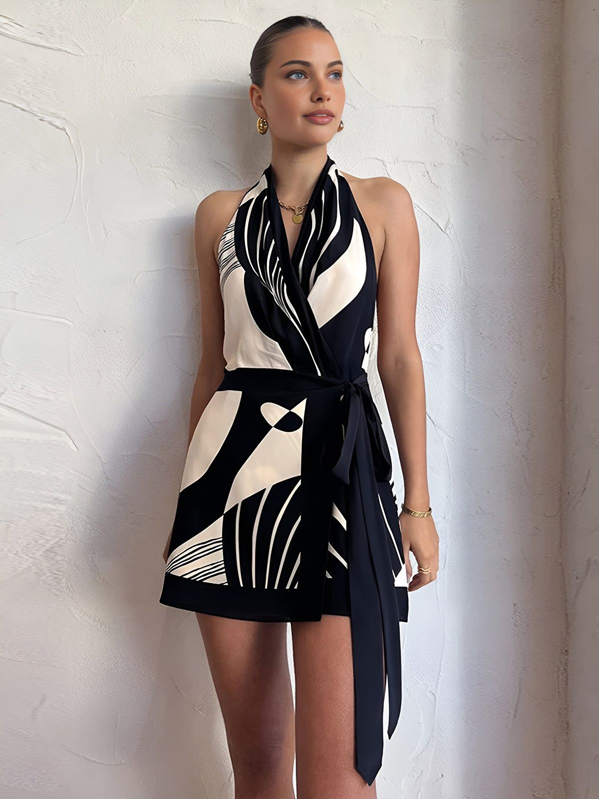 Abstract Print Halter Mini Dress - Black & White Tie Waist Summer Party Cocktail