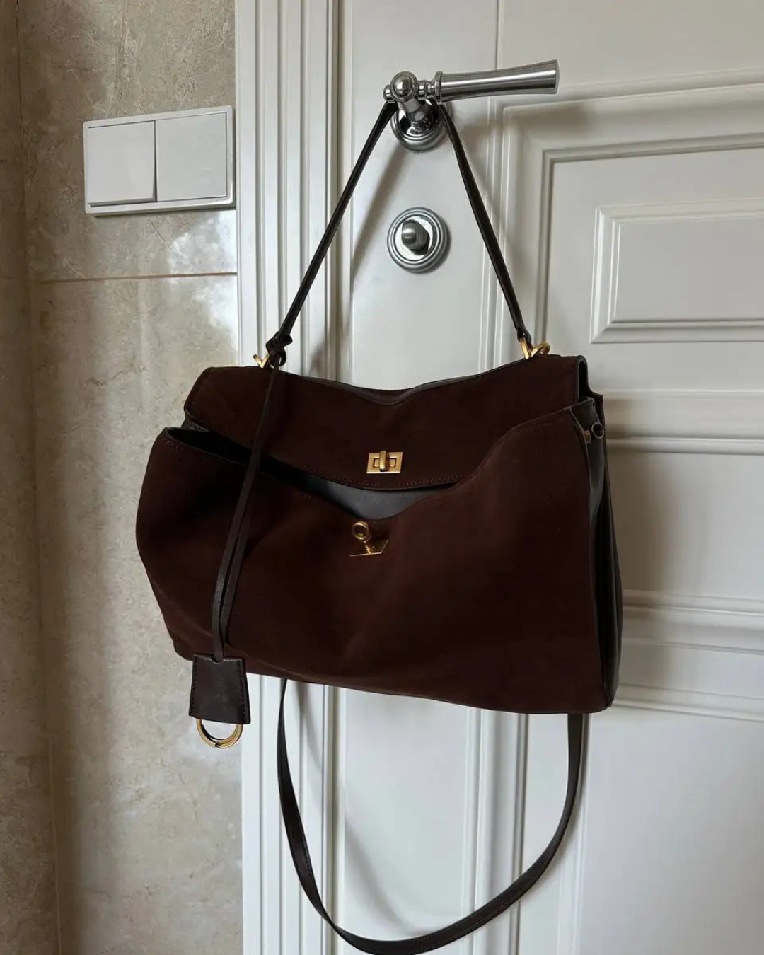 Suede Leather Top Handle Bag for Women - Stylish Shoulder Bag - Brown