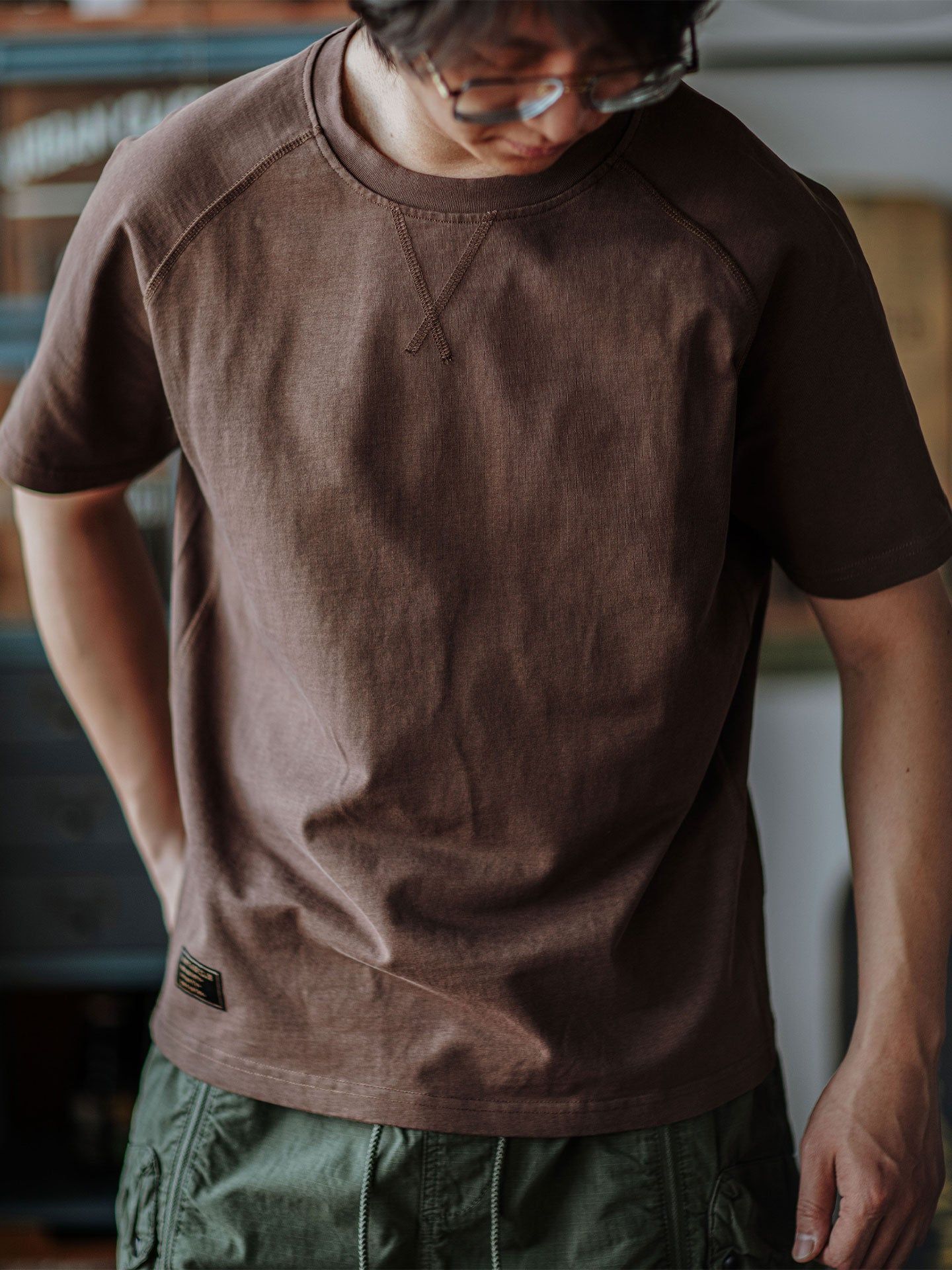 Vintage Club Retro Raglan Sleeve Cotton T-Shirt for Men - Brown, Crew Neck, Short Sleeve