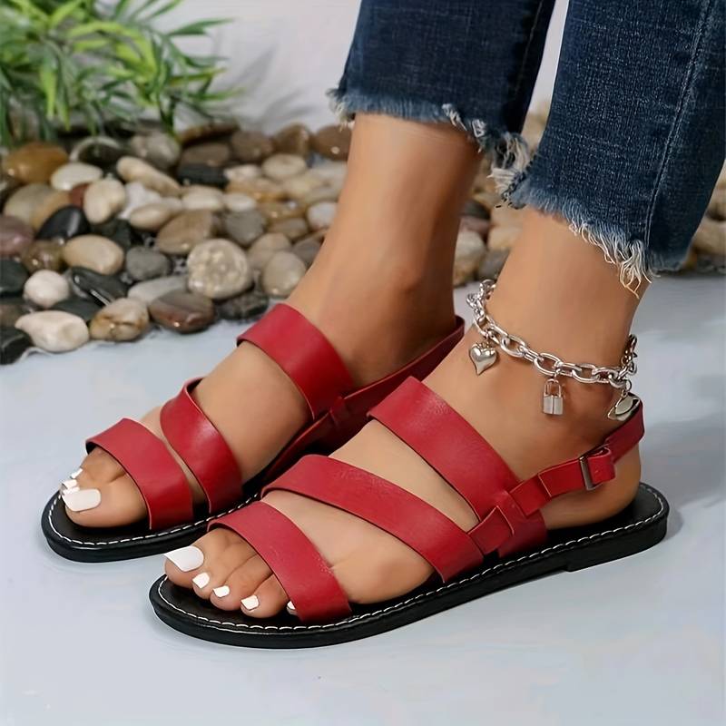 Women's Strappy Sandals - Comfortable Leather Flats in Black, Red, Cream, Brown