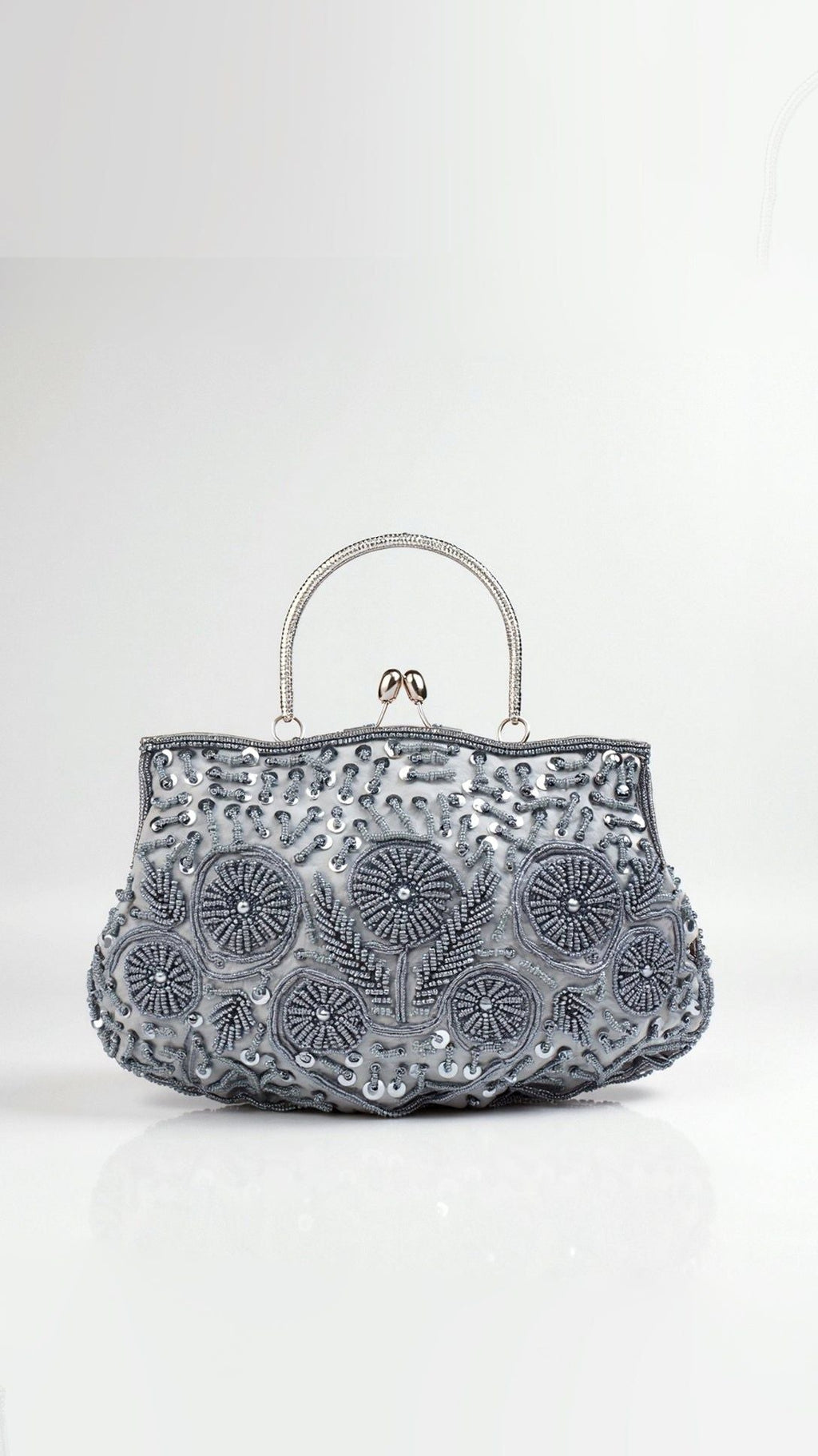 Embroidered Evening Bag with Metal Handle - Beaded Clutch Purse - Formal Occasion Handbag